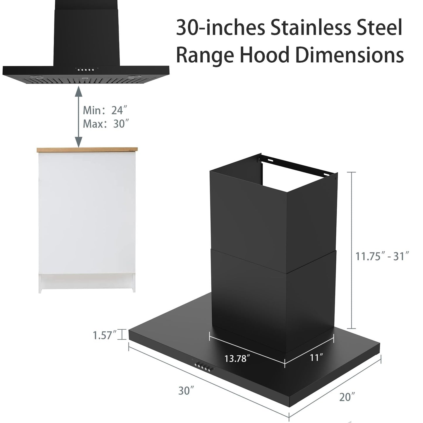 ONEEON 24" Range Hood - 650 CFM Wall Mount Kitchen Exhaust with 3 Speed Fan, LED Lights, Push Button, Ultra-thin Body, Chimney Style Stove Vent Hood & Ducted Exhaust Vent, Black