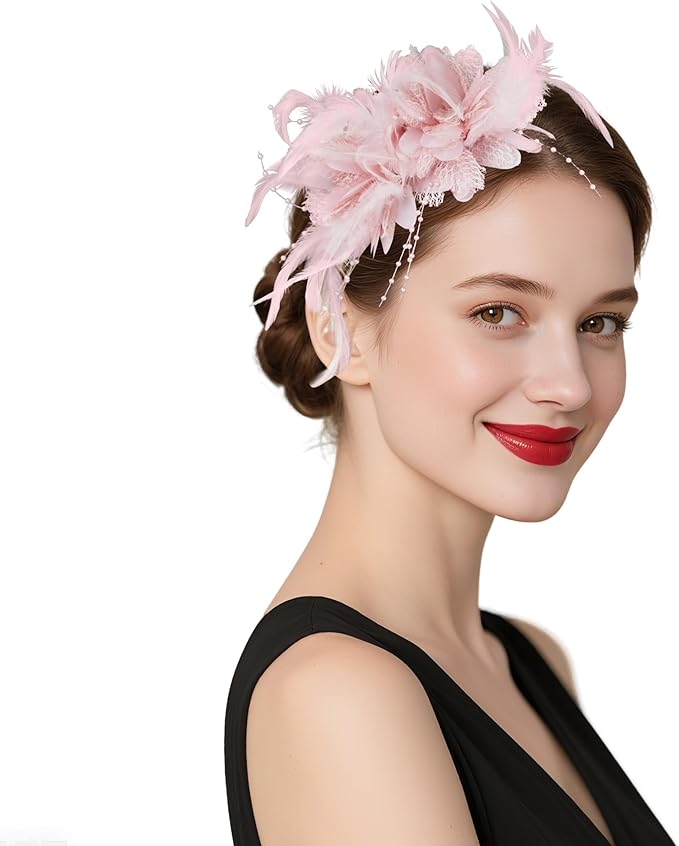 Womens Fascinators Hats Tea Party Hats for Women, Feather Pearl Veil Headband for Wedding Cocktail Dresses Accessories