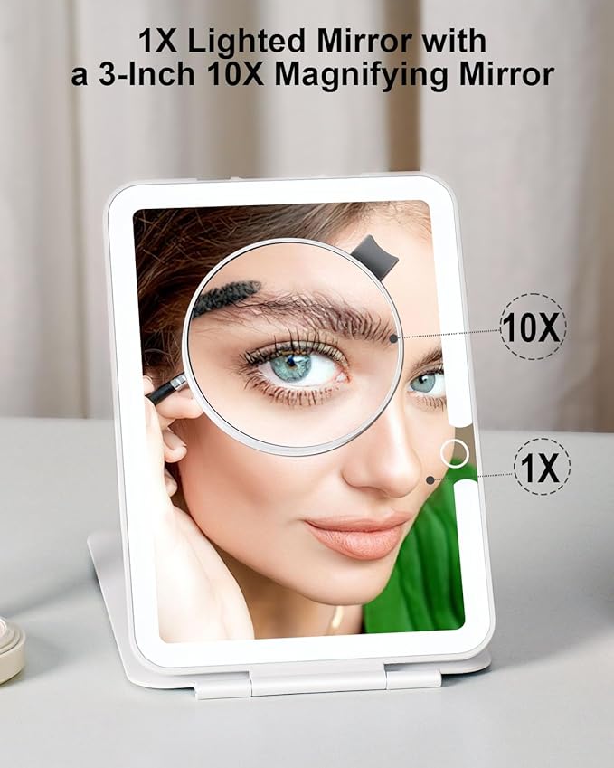 Rechargeable Travel Makeup Mirror with Lights and10x Magnification, 70 LEDs 3 Color Lights, Foldable Beauty Mirror, Portable Lighted Mirror Offwhite with Carrying Case