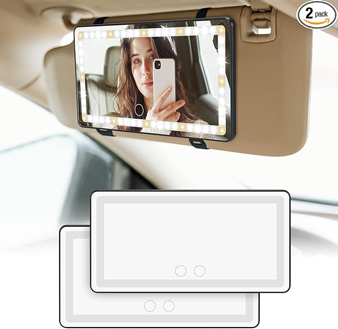 JOYTUTUS Car Sun Visor Vanity Mirror, Car Vanity Mirror With Lights, Makeup with 3 Light Modes & 60 LEDs, Rechargeable Dimmable Touch Control Travel Makeup for Truck SUV