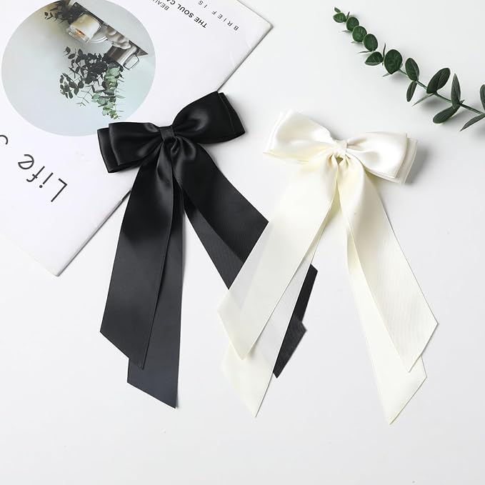 LuSeren 2 PCS Double Layer Hair Bows Beige Black Hair Ribbon Clips Ponytail Holder Accessories for Women Girls Toddlers Teens Kids