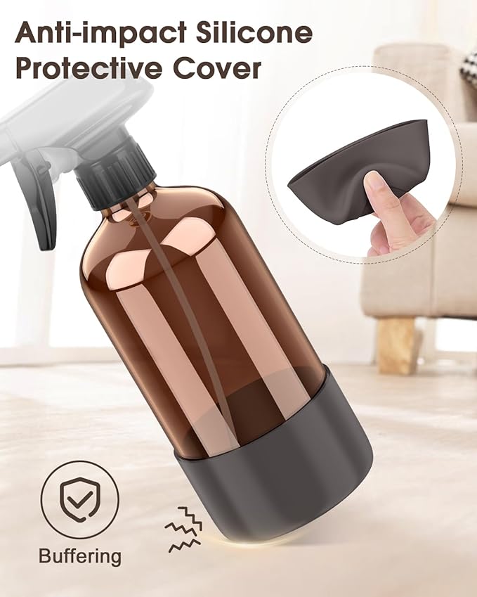 Bontip Glass Spray Bottle with Silicone Sleeve Protection, Amber Glass Spray Bottle Set for Window Cleaner Aromatherapy Facial Hydration Watering Flowers Hair Care 2 Pack/16 oz (Grey, 16 oz)