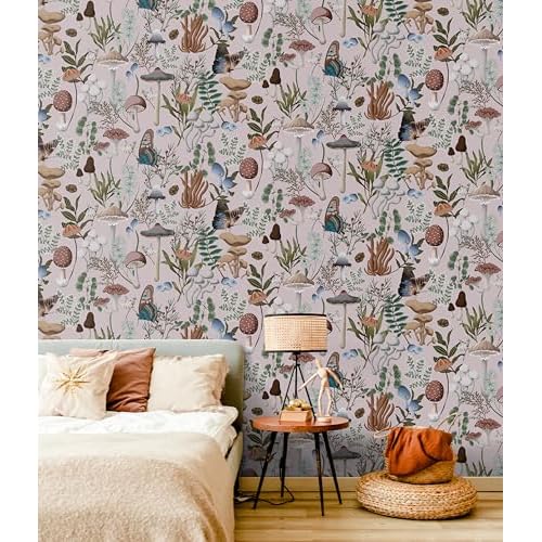 EeeComing Mushroom Peel and Stick Wallpaper Pink Mushroom Wall Paper Fairytale Forest 78.7''x16.14'' Removable Wallpaper Room Bookcase Bathroom Self Adhesive Vinyl