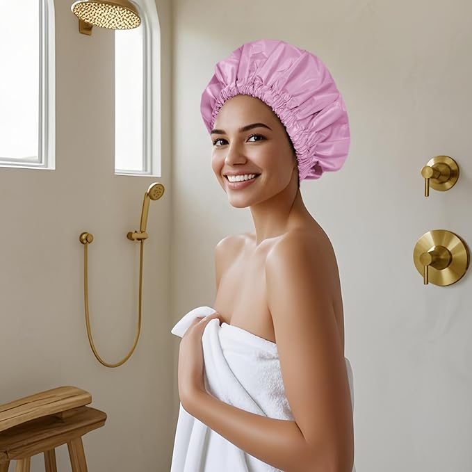 Reusable Shower Cap for Women, Large Waterproof Shower Bonnet with Elastic Band, Washable Bath Hair Cap for Long, Curly Hair, Braids, Daily Shower, Home Spa, Travel(Green&Purple)