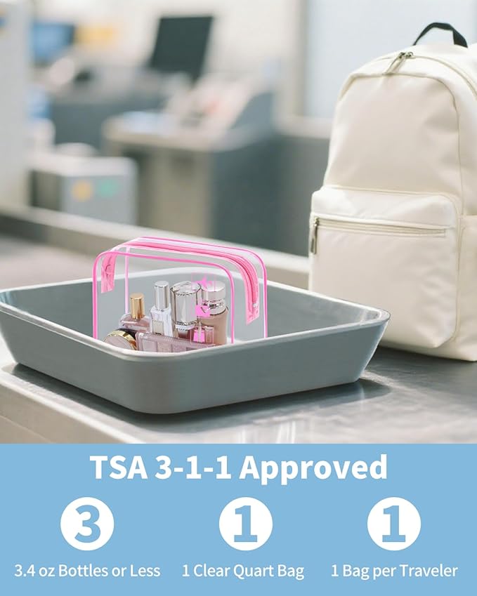 WANDF TSA Approved Toiletry Bag, 2 Packs Travel Clear Toiletry Bag, Quart Size Makeup Cosmetic Pouch with Zipper, Carry-On Airport Compliant Bag for Women and Men (2pcs Pink)