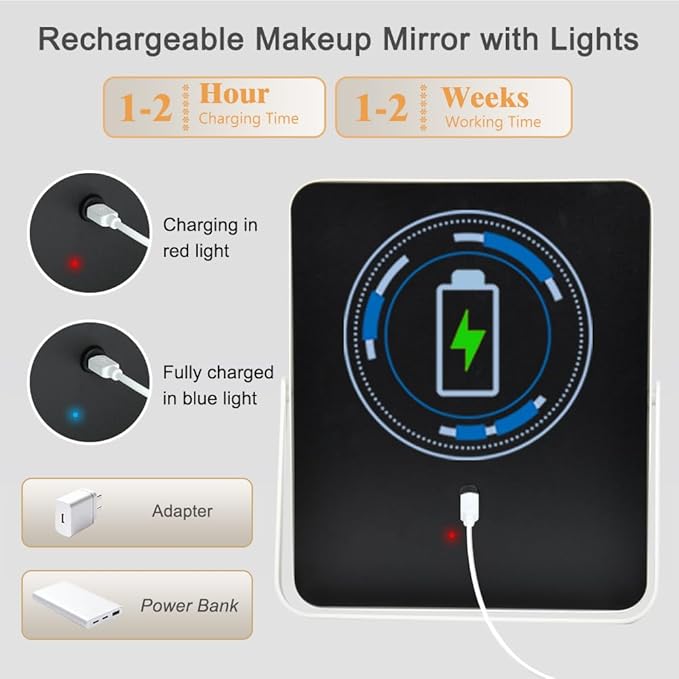 YEKKOPT Portable Desk Vanity Mirror with Lights,12"ÃÂ10" Small Rechargeable Makeup Mirror with Lights,Smart Touch Screen with 3-Color Lighting,Dimmable,for Dorm Tabletop,Bedroom,Decor