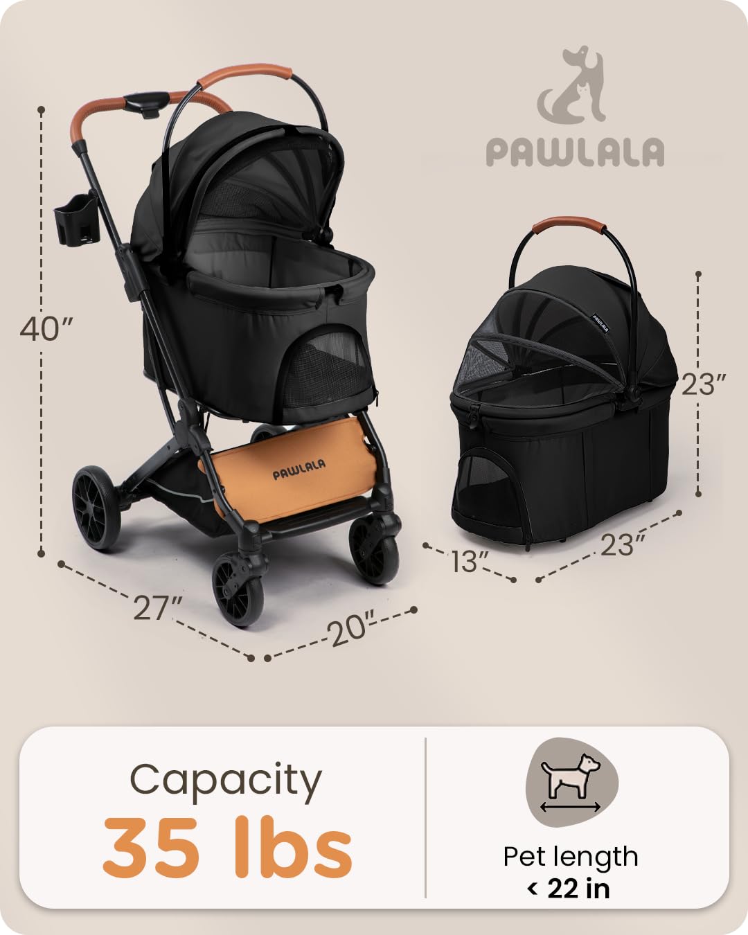 PAWLALA Pet Stroller with Detachable Carrier for Small & Medium Dogs & Cats, Smooth Comfort Ride with Shock-Absorbing Suspension, Foldable Dog Stroller, Compact Storage (Midnight Black)