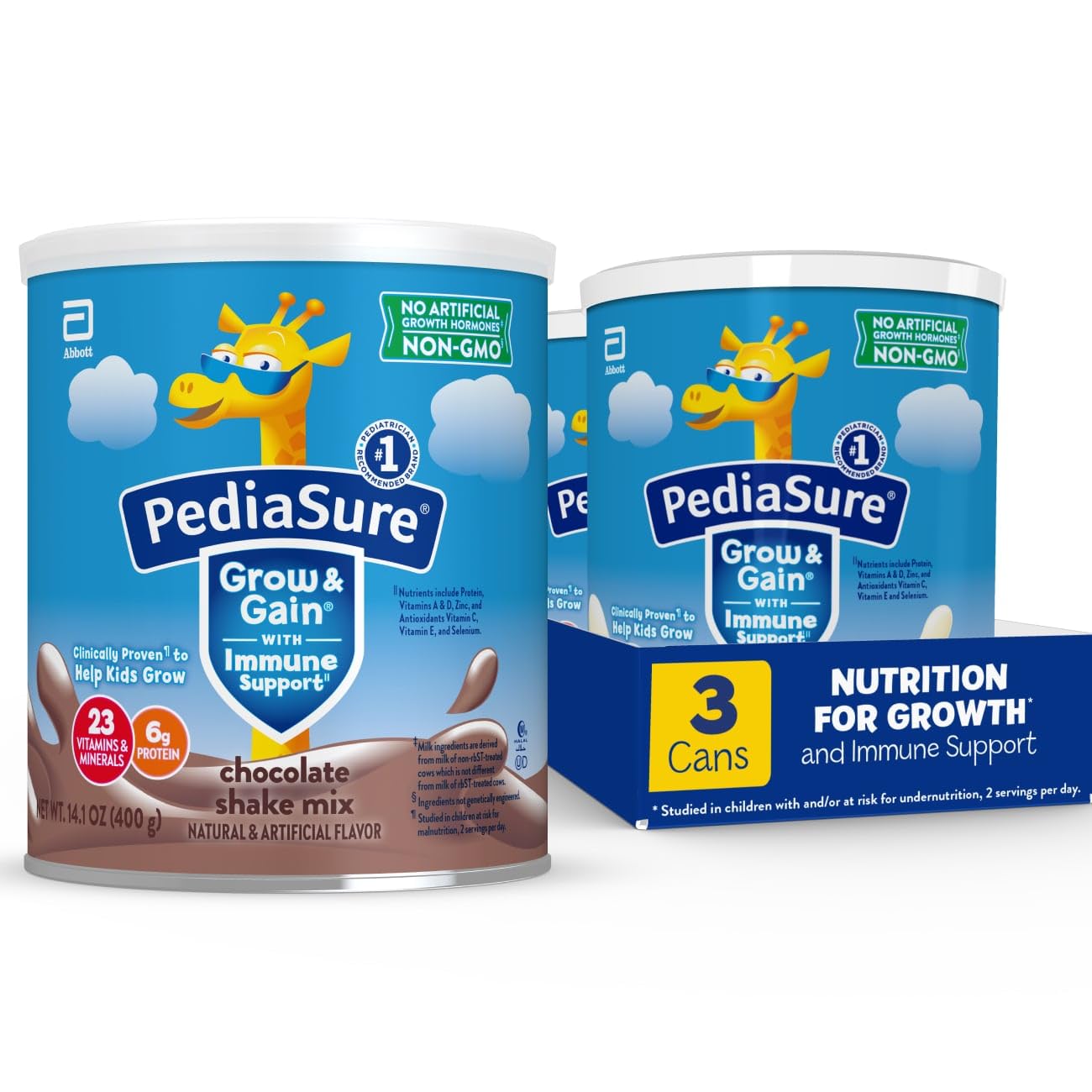 PediaSure Grow & Gain with Immune Support Shake Mix Powder, 23 Vitamins & Minerals, 6g Protein, Non-GMO, Gluten-Free, Chocolate, 14.1 oz Can, Pack of 3-24 servings