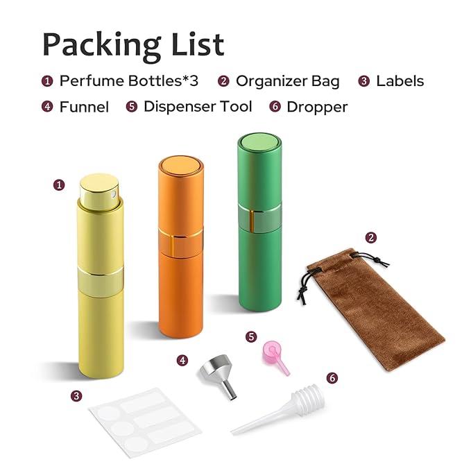 LISAPACK 8ML Atomizer Perfume Spray Bottle for Travel (3 PCS) Empty Cologne Dispenser, Portable Sprayer (Yellow, Green, Orange)