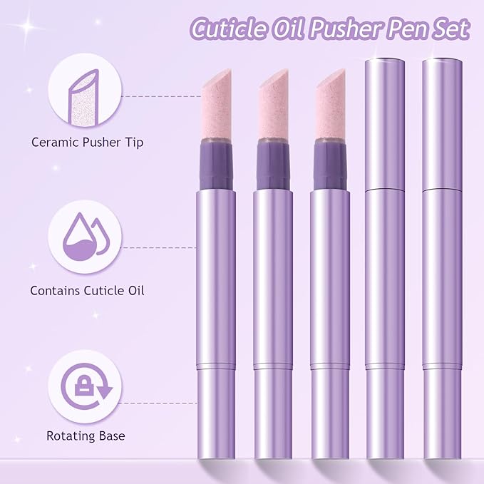 5PCS Cuticle Oil Pusher Pen Set, 2-in-1 Ceramic Cuticle Pushers with Oil for Nail Repair, Hangnail & Dry Cuticle Removal, Nail Care Pens for Manicure & Pedicure, Professional Salon Tools