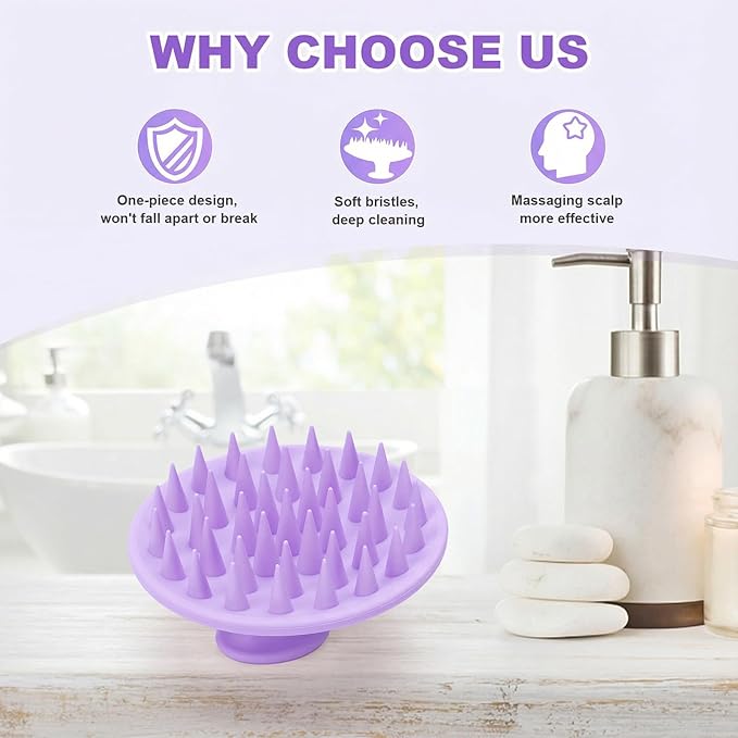 Silicone Scalp Massager Shampoo Brush, Scalp Brush for Hair Growth & Dandruff Removal, Hair Scrubber Scalp Stimulator Exfoliator Brush with Soft Bristles for Wet Dry Scalp Care (Light Purple)