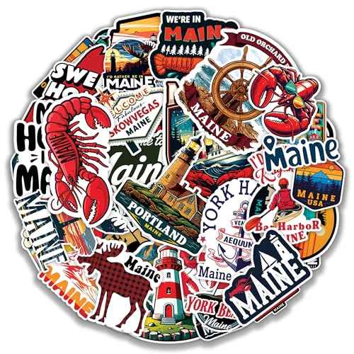 Maine State Travel Stickers 50 Pieces Vinyl Waterproof Decal for Laptop Water Bottle Phone Car Window Bike Motorcycle Stakeboard Scrapbook Vacation Sticker Gifts