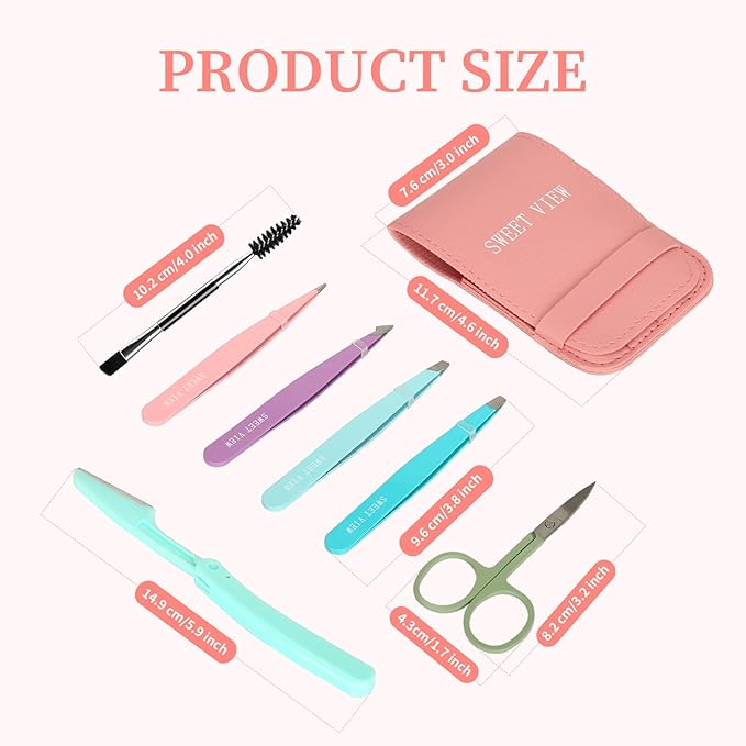 SWEET VIEW 7pcs Eyebrow Tweezers Kit for Women Precision Plucker with Brow Scissors & Razor & Spoolie for Facial, Chin, Brow, Splinter and Ingrown Hair