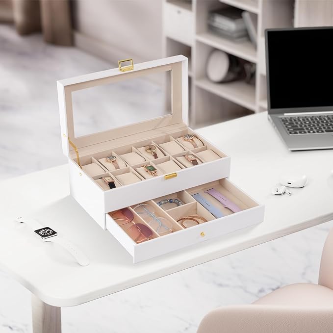 ProCase Watch Box, 12 Slot Mens Watch Case With Drawer, 2-Layer Watch Display Case With Glass Lid, Mens Jewelry Box Storage Holder Organizer, Birthday Valentine Gifts for Men -12Slot, White