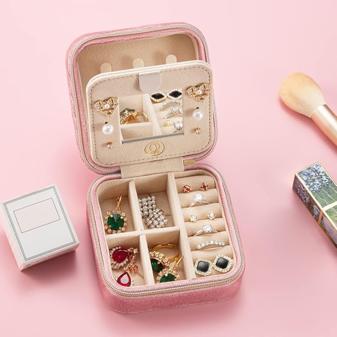 Plush Velvet Travel Jewelry Case, Travel Jewelry Organizer, Jewelry Travel Case, Travel Jewelry Box, Small Jewelry Case for Women,Jewelry Travel Box, Earring Organizer with Mirror - 4Color-4packs