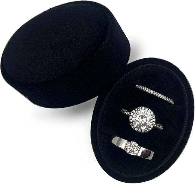 Velvet Oval Ring Box 3 Slots - Premium Wedding Three Rings Box Vintage Handmade Storage Jewelry Organizer for Proposal, Engagement, Wedding Ceremony, Christmas (Black)