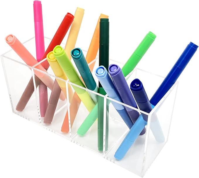 HSYMQ Acrylic Pen Holder 4 Compartments Clear Pencil Holder Organizer Makeup Brush Holder