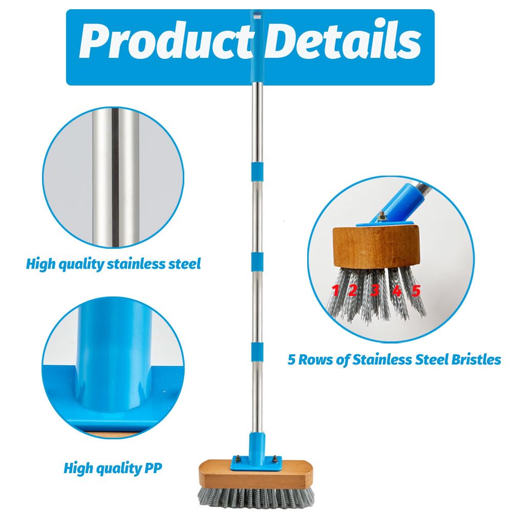 YONILL Stainless Steel Deck Scrub Brush with Long Handle - 60" Heavy Duty Floor Scrubber Brush with Pole, Moss Remover Wire Cleaning Brushes for Rough Surface, Concrete Floor, Patio, Garden, Garage
