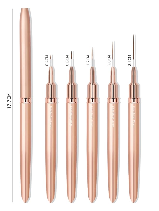 Metallic Nail Art Brushes, 5Pcs Nail Art Liner Brushes, Painting Art Design Brush Set Nail Dotting Drawing Tool for Long Lines, Thin Details, Fine Drawing Sizes 4/8/12/20/25mm, Rose Gold