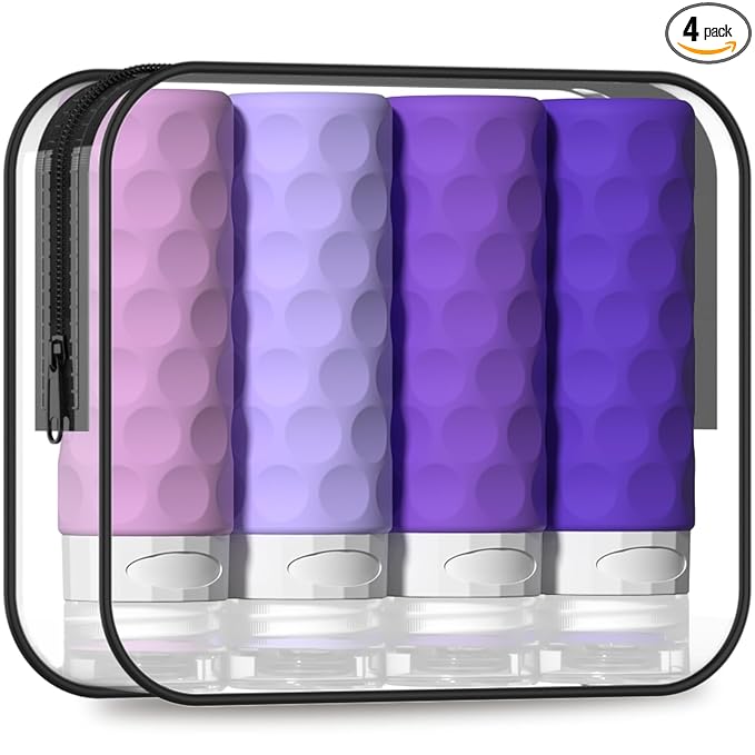 Silevoler Travel Bottles for Toiletries, 4pcs Tsa Approved 3oz Travel Size Containers, BPA Free Leak Proof Premium Silicone Bottles, Refillable Liquid Squeezable Accessories W/Toiletry Bag(Purple)