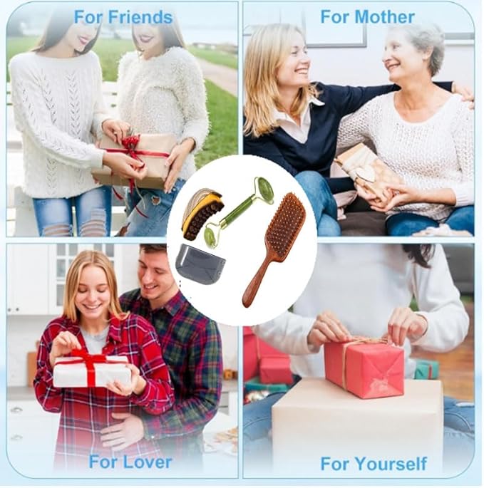 Lymphatic Contour Face Brush with Facial Roller Wet Hair Massager Kit, Self Care Brush Gift Set for Face Lift Lymph Drainage Hair Growth Relax,Christmas Birthday Holiday Gift for Mom Women