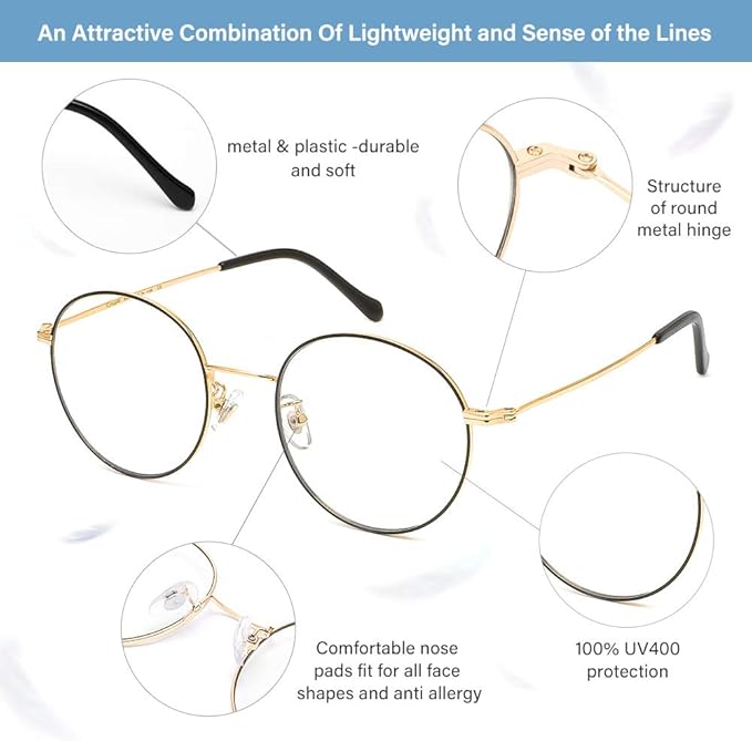 Cyxus Blue Light Glasses for Men and Women, Round Metal Frame Computer Eyeglasses for Office, Gaming, Reading 8090