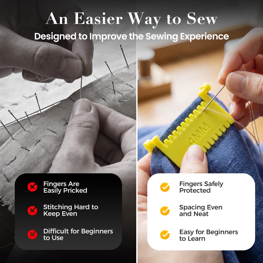 3pcs Clip-On Sewing Ruler, Hand Edge Stitch Lock and Sewing Gauge for Even Stitches, Quilting Templates with 2mm, 3mm, 4mm Spacing (Set C)