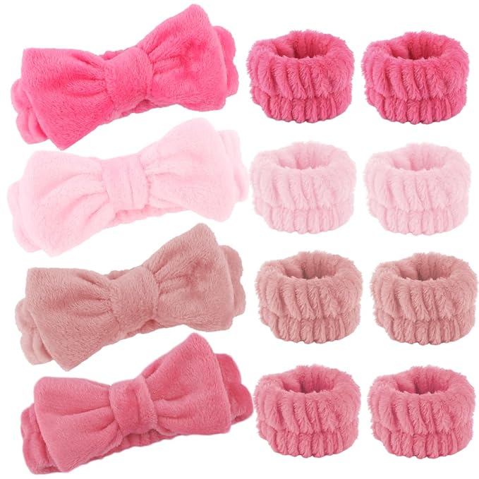 SPA Headbands for Washing Face Makeup Headbands with Bow Hair Band Women Facial Head Band Laurel Wrist Towel Wraps For Shower Face Mask Red Pink, 12 Pack