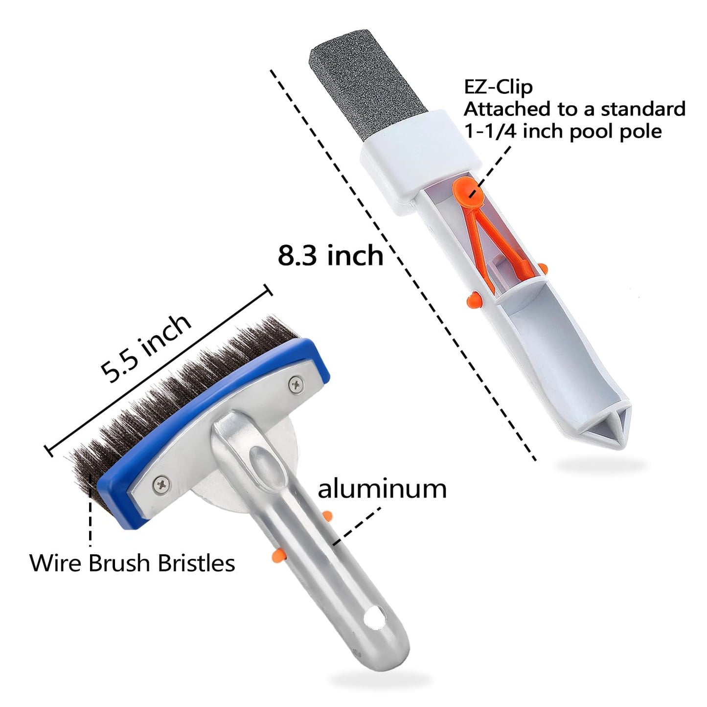 Pool Pumice Stone and 5 inch Stainless Steel Pool Brush Set with EZ-Clip Handle to Reomve Erase Rust Stain Spot in Concrete Plaster Pool Spa and Calcium Deposit on Pool Tile
