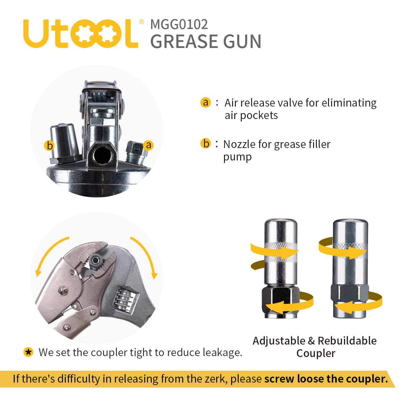 UTOOL Grease Gun, 8000 PSI Heavy Duty Pistol Grip Grease Gun Kit with 14 oz Capacity, 18 Inch Resin Flex Hose, 2 Basic Coupler, 2 Extension Rigid Pipe and 1 Sharp Type Nozzle, Argent Matte Finish