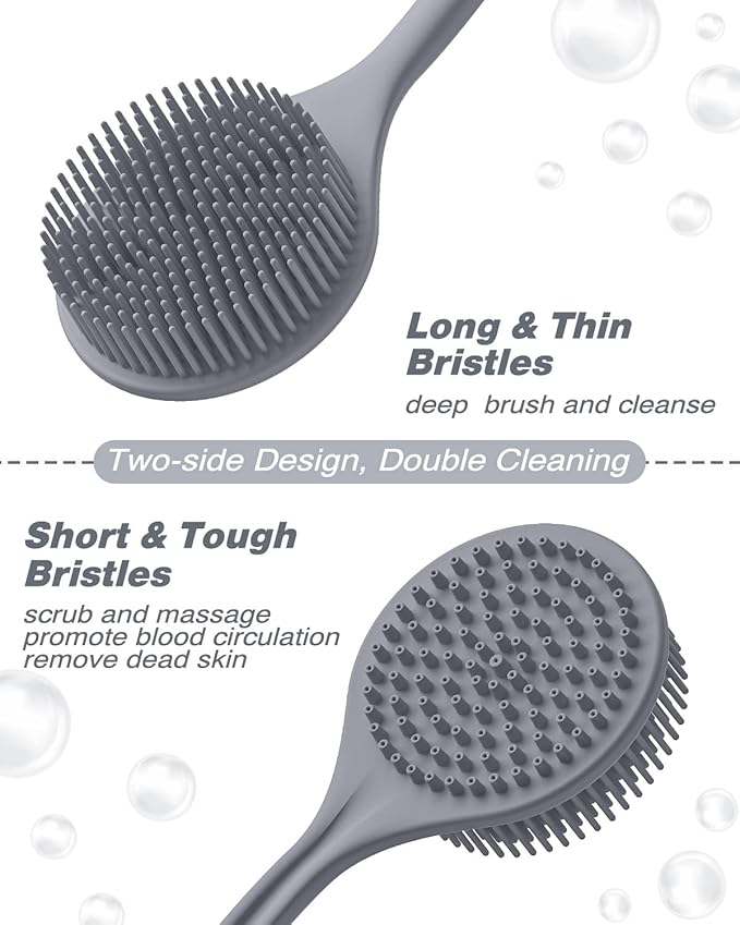 Manmihealth Silicone Back Scrubber (Thick Bristles) & Bath Glove & Face Brush Set(3PCS), Super-Exfoliating & Lathering Body Scrubber, Shower Brush, Face Scrubber Combination, with a Free Hook.(Gray)