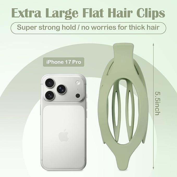 5.5 Inches Extra Large Flat Hair Clips for Women, 4 Pack XL Big Claw Clips for Thick Hair, Oversized Matte Strong Hold Non-slip Flat Claws, Green
