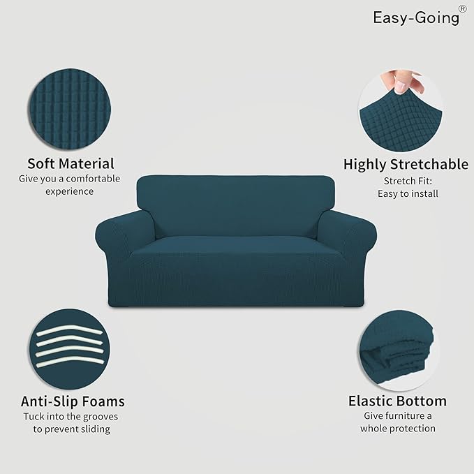 Easy-Going Stretch Oversized Loveseat Slipcover 1-Piece Sofa Cover Furniture Protector Couch Soft with Elastic Bottom for Kids Polyester Spandex Jacquard Fabric Small Checks Deep Teal