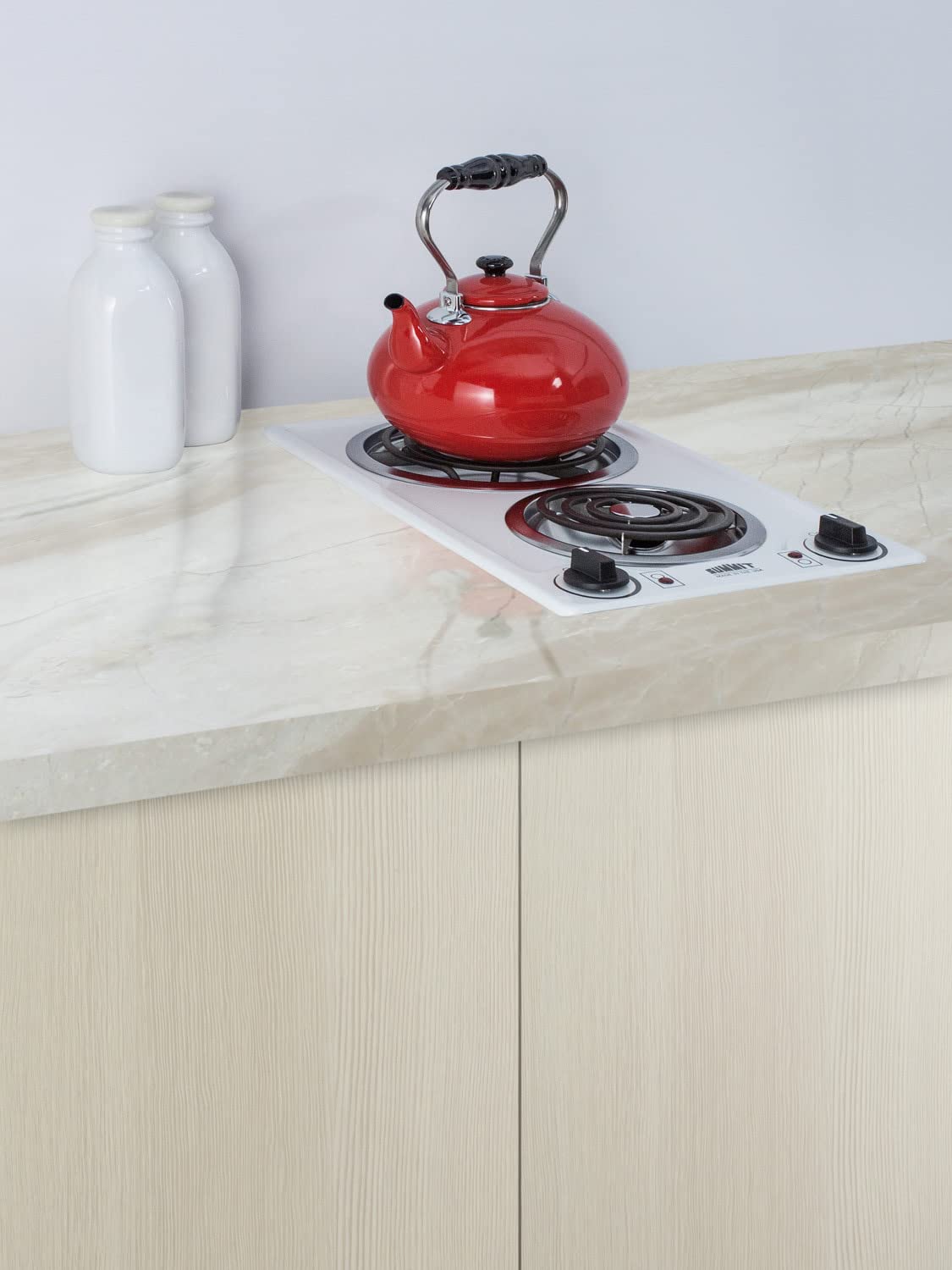 Summit 12" 2 Burner Electric Cooktop. 230V Radiant Cooktop, Coil Elements, Made in the USA, White- CCE225WH