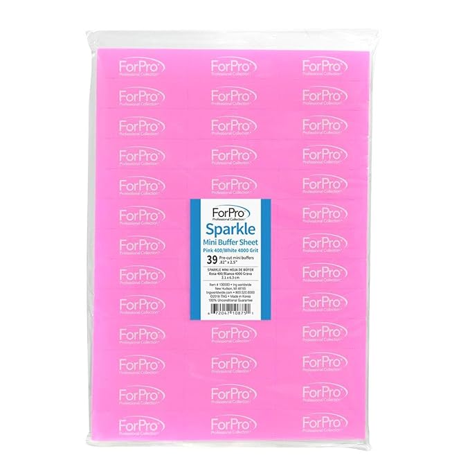 ForPro Professional Collection Sparkle Mini Buffer Sheet, Pre-Cut, Double-Sided Manicure & Pedicure Nail Buffers, Pink 400/White 4000 Grit, 39-Count (Pack of 6)