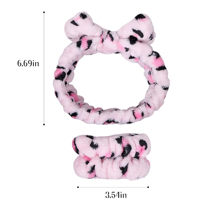 Pink Leopard Print Plush Wash Face Headband Bowknot Cheetah Spa Hair Band Wrist Cuffs Women Girls Facial Makeup Skincare Bath Head Wrap Lady Costume Party Supply Xmas Gift