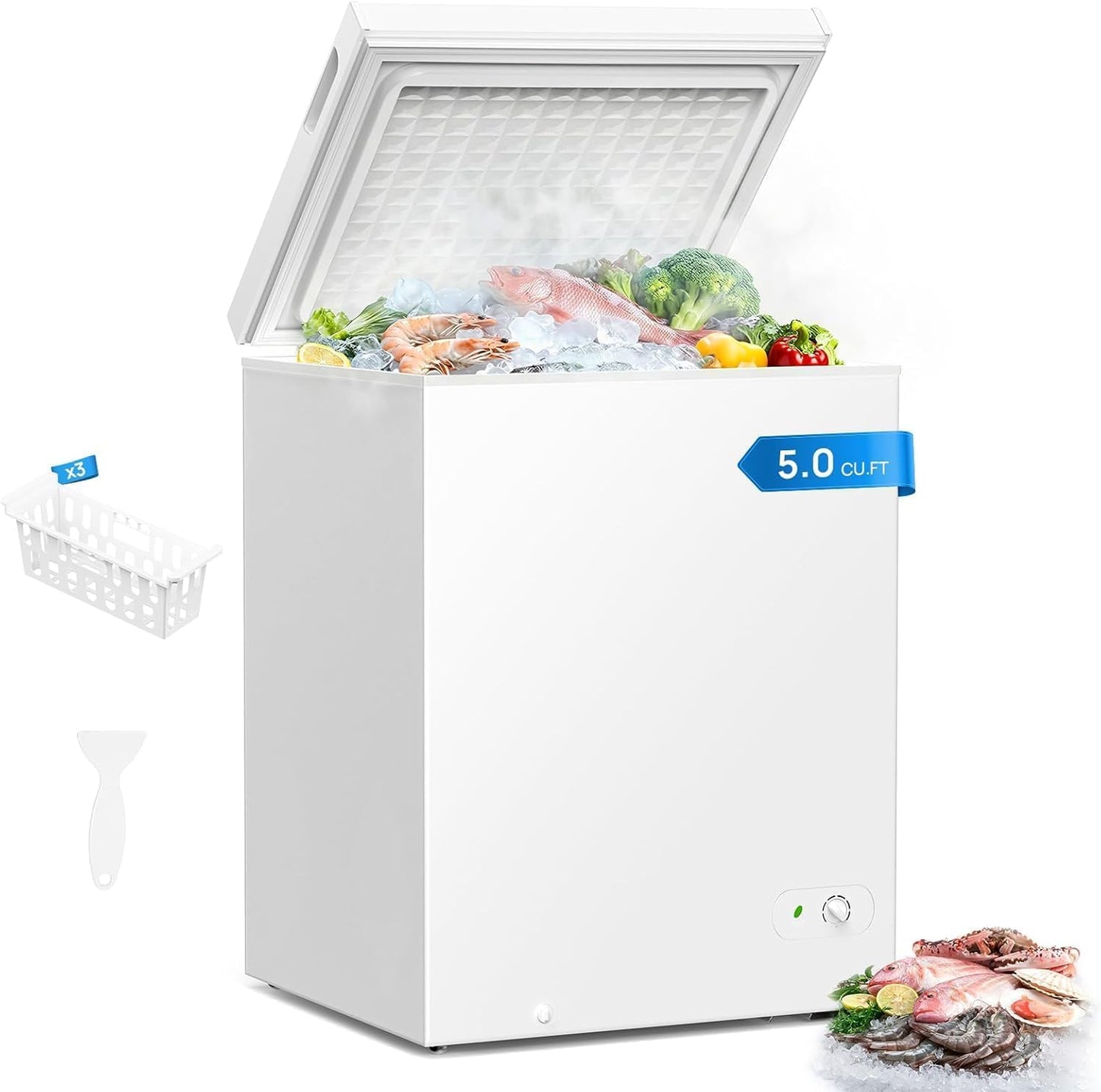 Electactic Chest Freezer 5.0 Cu.Ft, Deep Freezer with 3 Removable Baskets, Adjustable Temperature, Free-Standing Top Open Door, Quiet Energy-Saving Compact Freezer for Home/Office/Garage/Dorm, White