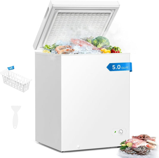 Electactic Chest Freezer 5.0 Cu.Ft, Deep Freezer with 3 Removable Baskets, Adjustable Temperature, Free-Standing Top Open Door, Quiet Energy-Saving Compact Freezer for Home/Office/Garage/Dorm, White
