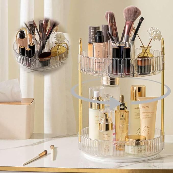 Rotating Makeup Organizer for Vanity, High-Capacity Skincare Clear Make Up Storage Perfume Organizers Cosmetic Dresser Organizer Countertop 360 Spinning (Clear, New-2 Tier)
