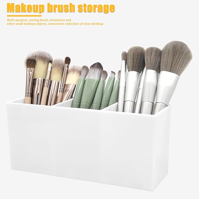 White Makeup Brush Organizer,Acrylic Cosmetic Brushes Storage Holder with 3 Slots,Pencil Pen Holder for Desk,Desk Organizer and Accessories for Vanity