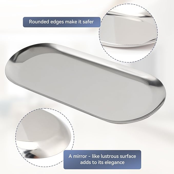 2PACK Silver Decorative Tray,Oval Stainless Steel Trays, Decorative Tray for Jewelry Dish Cosmetics Organizer Bathroom Clutter Serving Platter (Silver, 7 in)