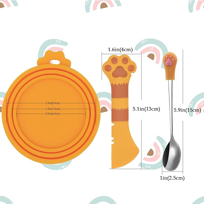 SJANE Cat Food Can Spoons & Can Lids | 4 Pcs | Multi-function Opener | Silicone Pet Food Covers | Stainless Steel Wet Food Spoon for Cats and Dogs(Orange)