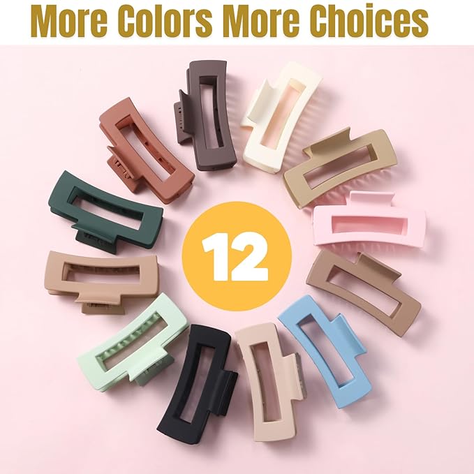 12 Pcs Neutral Square Hair Claw Clips – 4.3" Matte Finish Rectangle Claws for Women Thick & Thin Hair, Everyday Bulk Hair Accessories Set