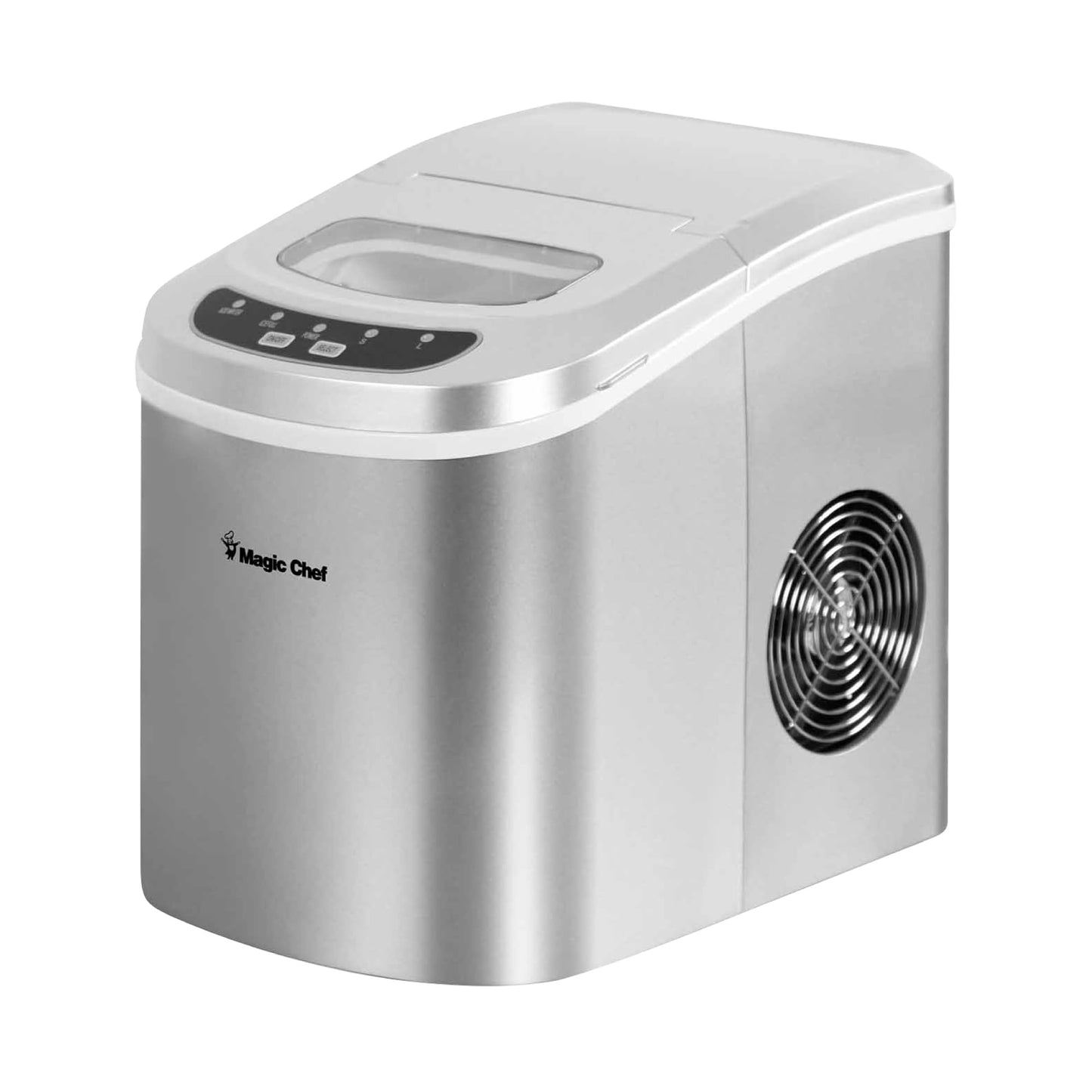 Magic Chef 27-Lb. Portable Ice Maker in Silver, Tabletop Ice Maker for Kitchen, Apartment, Dorm, and Basement with Viewing Window, 2 Ice Cube Sizes, and Ice & Water Level Indicator Lights
