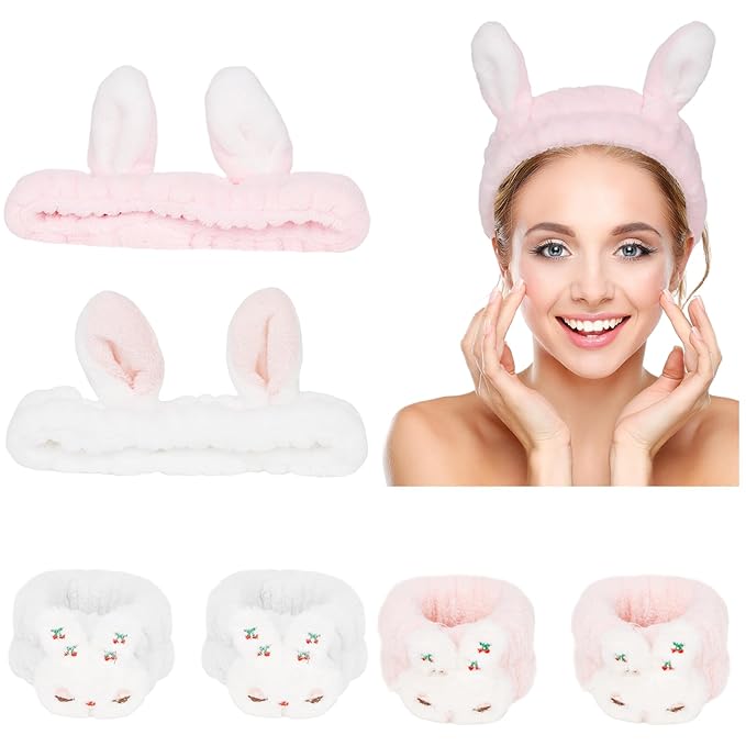 YISSION Cute Bunny Ear Spa Headband & Wristband Set for Women and Girls - Soft Plush Makeup Headband with Embroidered Bunny & Cherry Wrist Towels for Face Washing, Skincare, Easter (White & Pink)