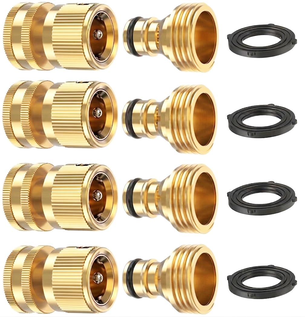 Kesfitt Garden Hose Quick Connect 3/4 Inch GHT Solid Brass Hose Connector Adapter Kit Fitting No-Leak Water Hose Female and Male Adapter (4 Sets)
