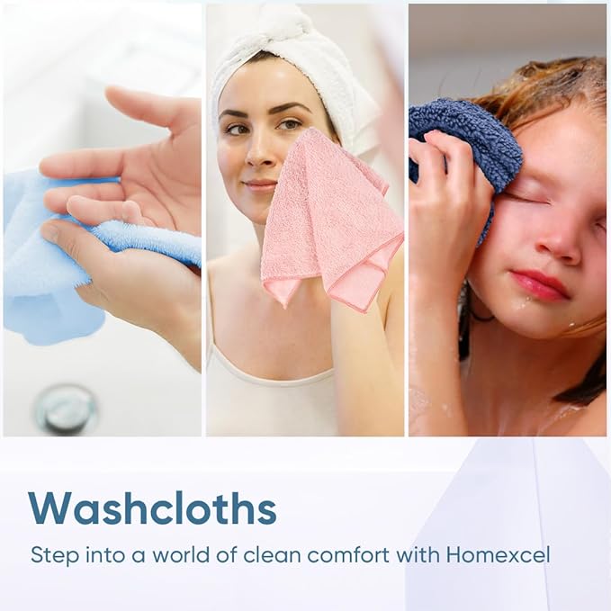 HOMEXCEL Wash Cloths, Quick Drying Face Towel for Showering, Super Absorbent Washcloths for Body Face, All-Occasion for Bathroom Gym Spa Travel, Pink/Light Blue/Green/Navy Blue