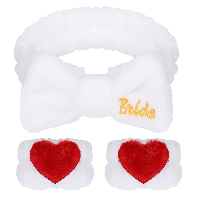 Bridal Print Plush Wash Face Headband with Wrist Band Hair Cuffs for Women Girls Bride to Be Spa Facial Makeup Skincare Bath Head Wrap Bachelorette Birthday Party Favor Gift