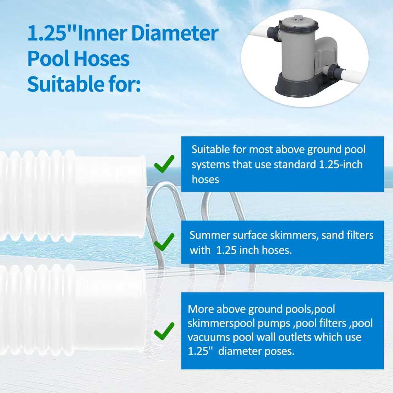 jarkamm Pool Pump Hoses 1.25 Inch X 59 Inch Filter Pump Replacement Pool Hose For Above Ground Pools Flexible PE Tube For Swimming Systems Includes Stainless Steel Clamps (3 Pack White)