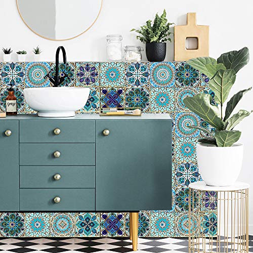 25PCS 4x4 Inch Mandala Tile Stickers, Peel and Stick Self Adhesive Removable Moroccan Tiles Backsplash Waterproof Oil Proof for Bathroom & Kitchen Wall Stickers Home Decor